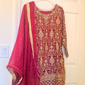 Elegant purple and Gold Embroidered gharara Dress